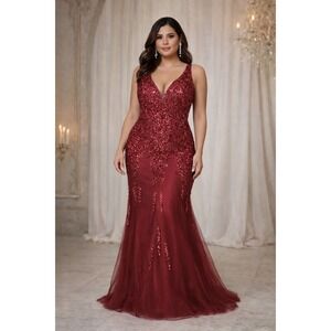 Aspeed Formal Gown Wine Tulle Special Occasion Maxi Dress Sequin Princess XL